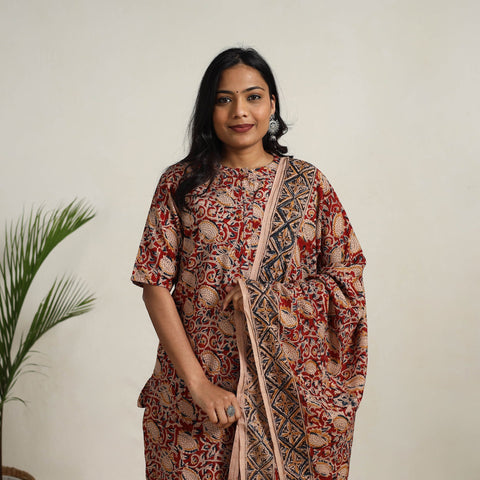 Red - printed cotton kalamkari kurta set 17 - handcrafted