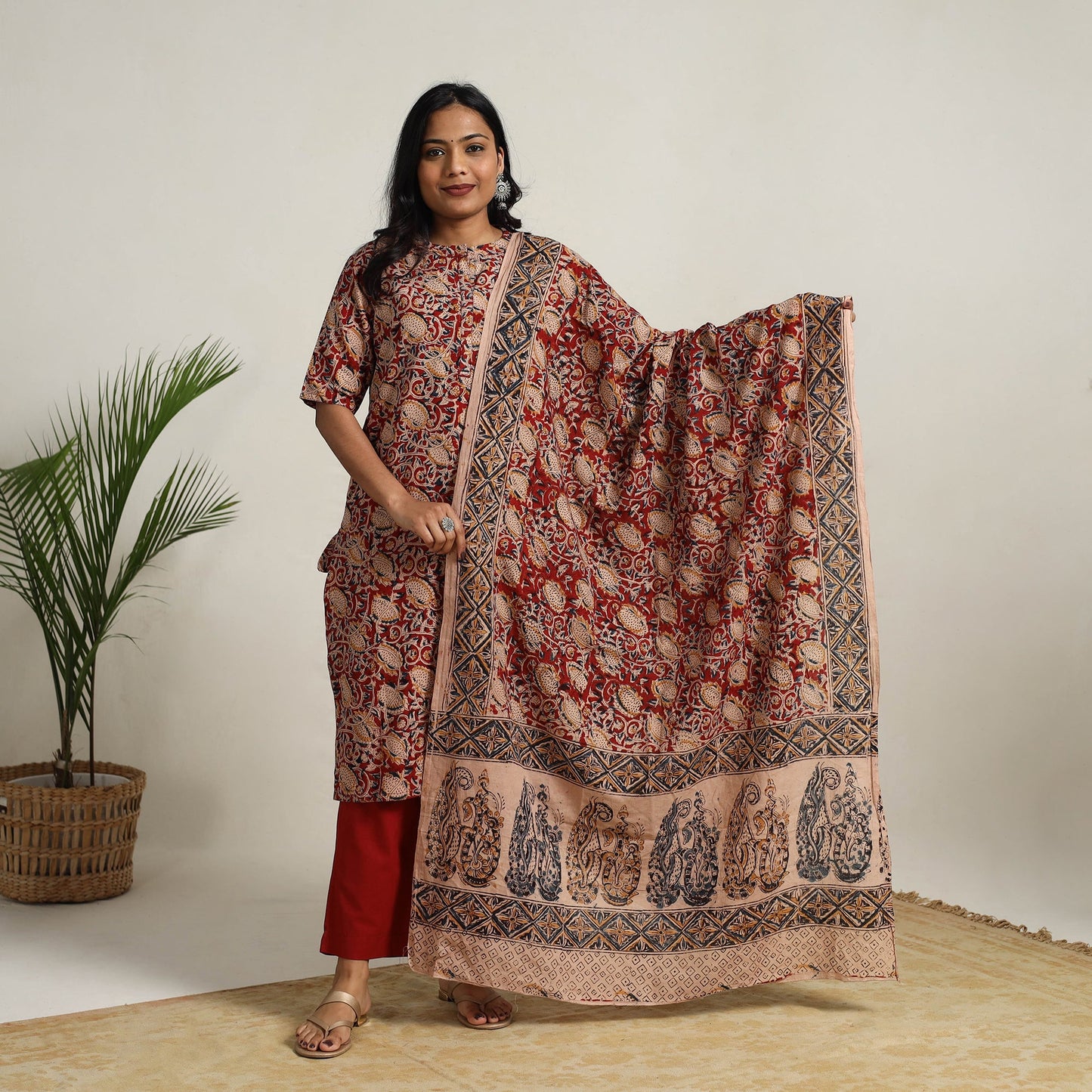 Red - printed cotton kalamkari kurta set 17 - handcrafted