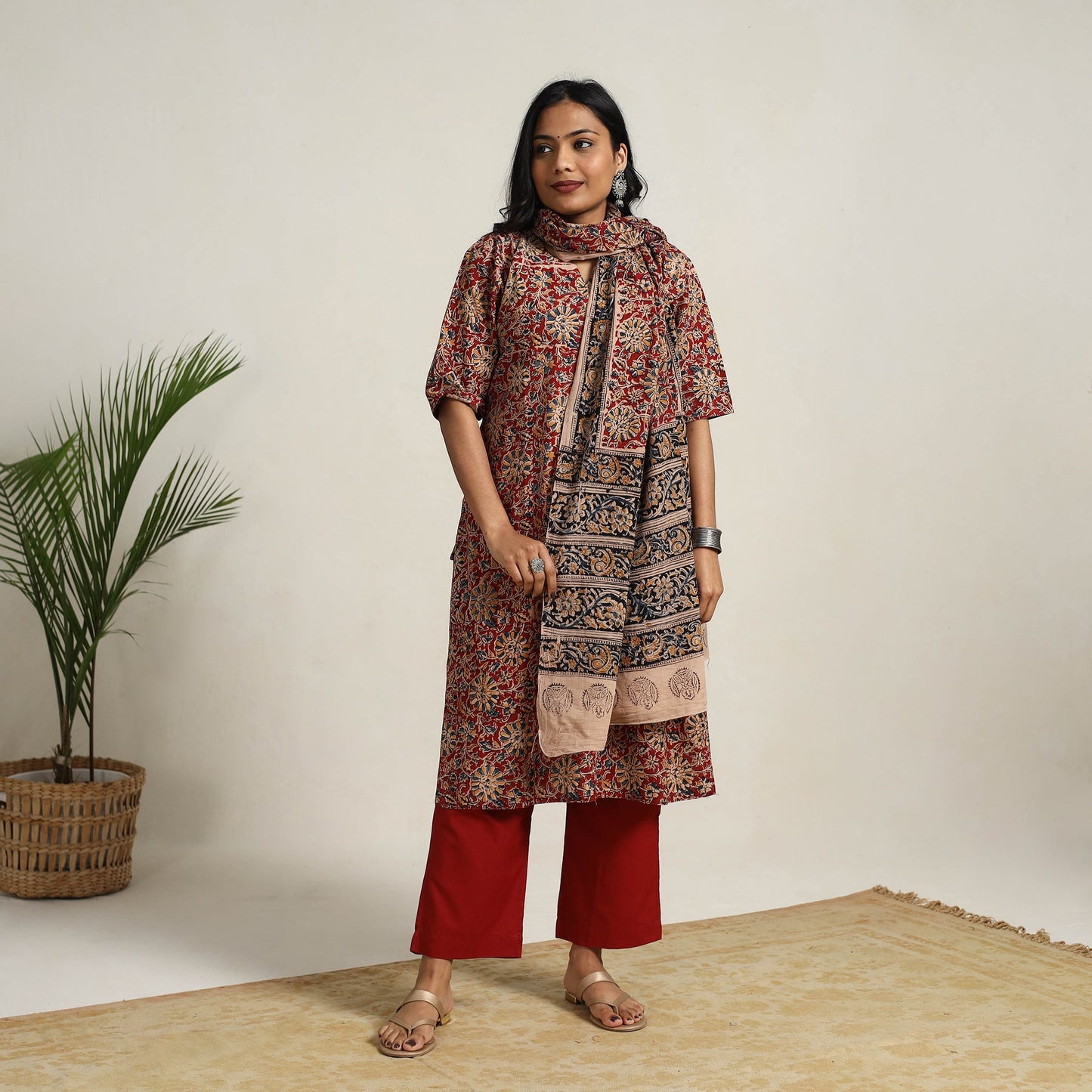 Red - printed cotton kalamkari kurta set 20 - handcrafted