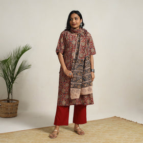 Red - printed cotton kalamkari kurta set 20 - handcrafted