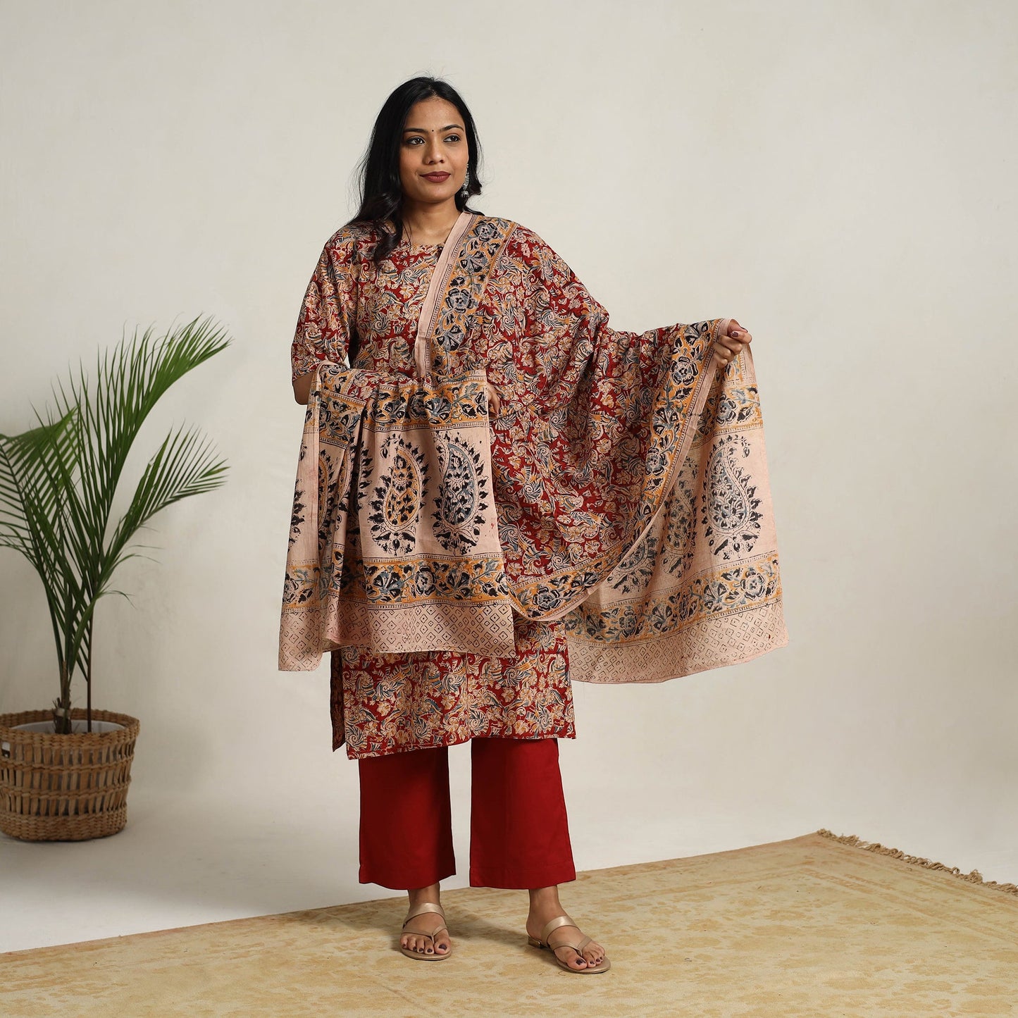 Red - printed cotton kalamkari kurta set 22 - handcrafted