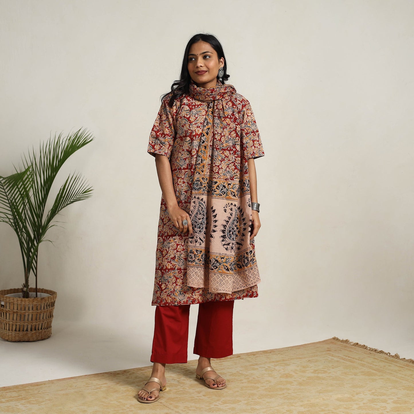 Red - printed cotton kalamkari kurta set 22 - handcrafted