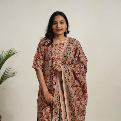 Red - printed cotton kalamkari kurta set 22 - handcrafted