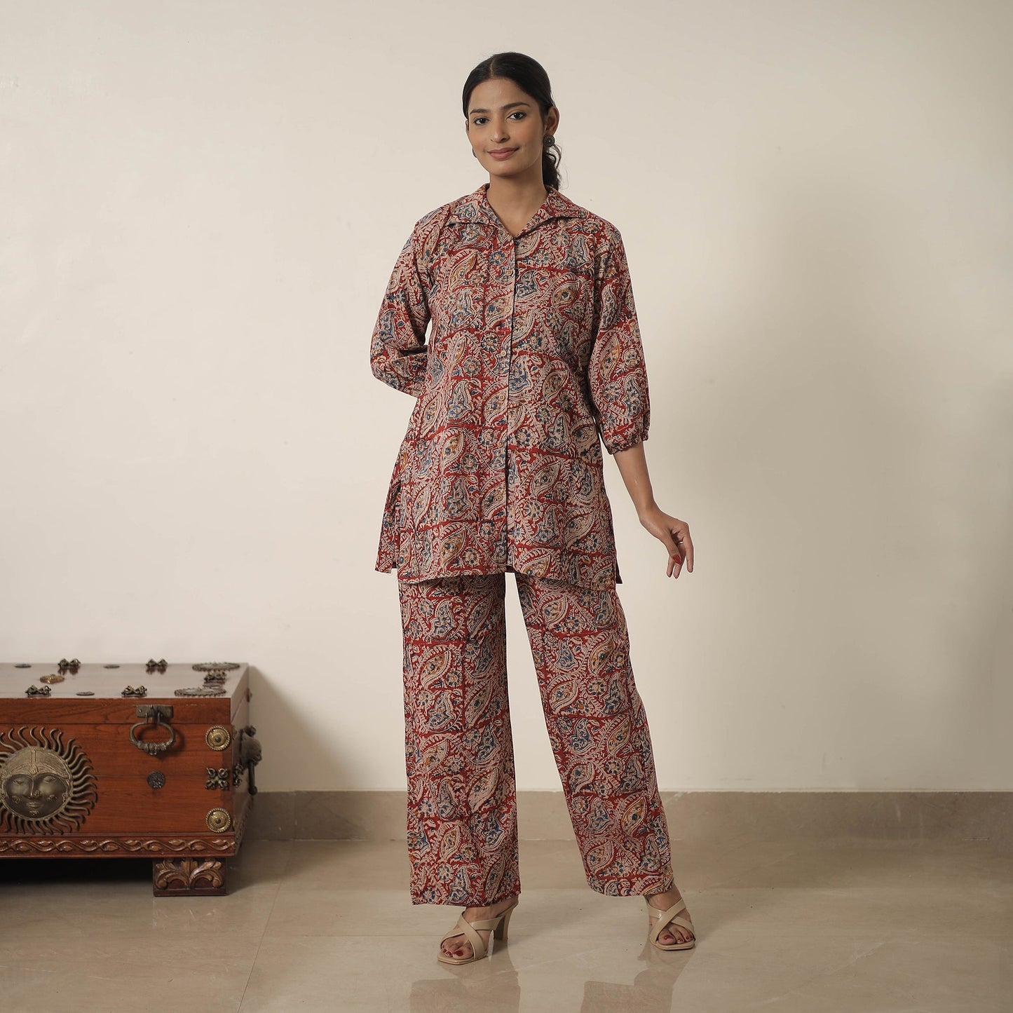 Red - printed cotton kalamkari co-ord set 08 - handcrafted