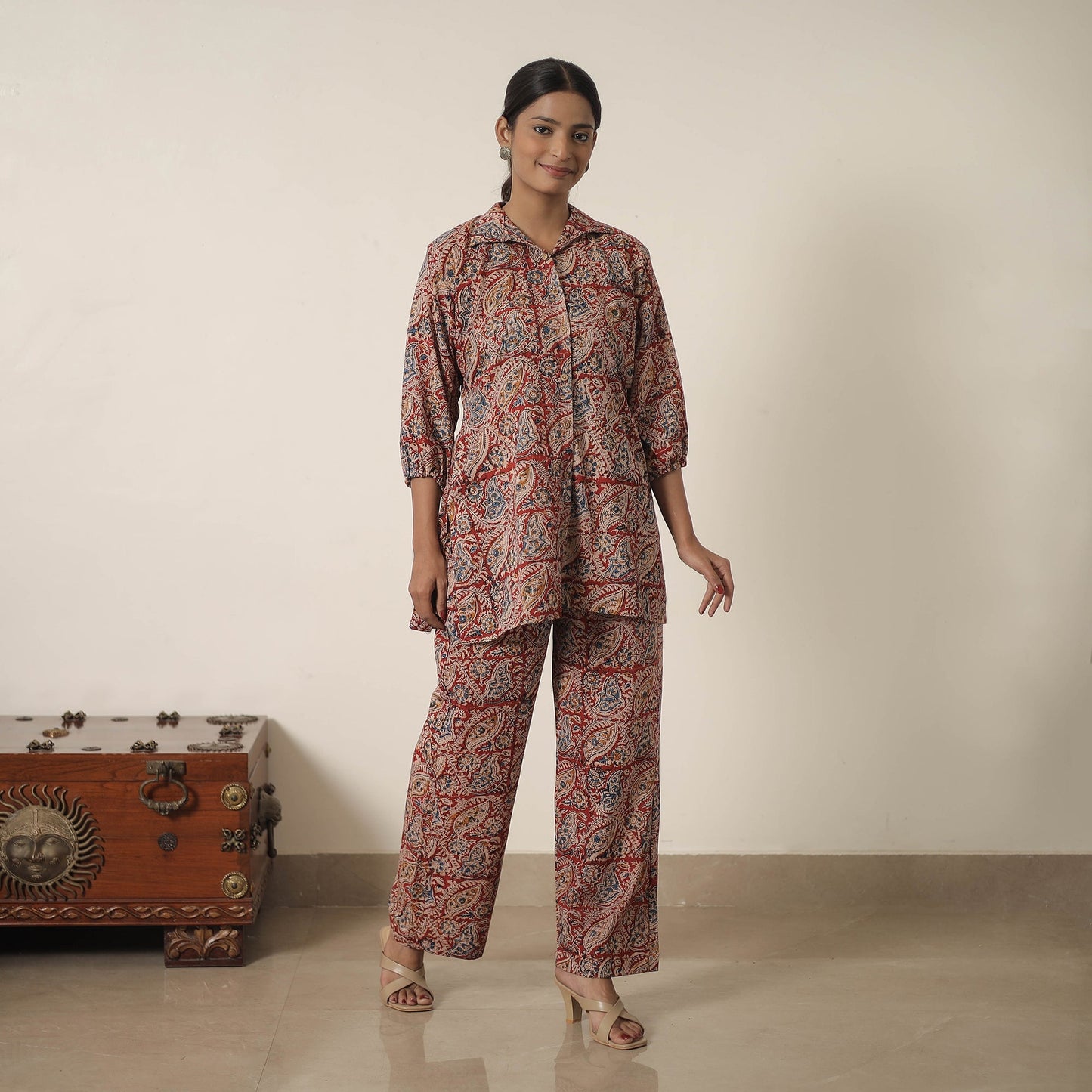 Red - printed cotton kalamkari co-ord set 08 - handcrafted