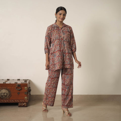 Red - printed cotton kalamkari co-ord set 08 - handcrafted