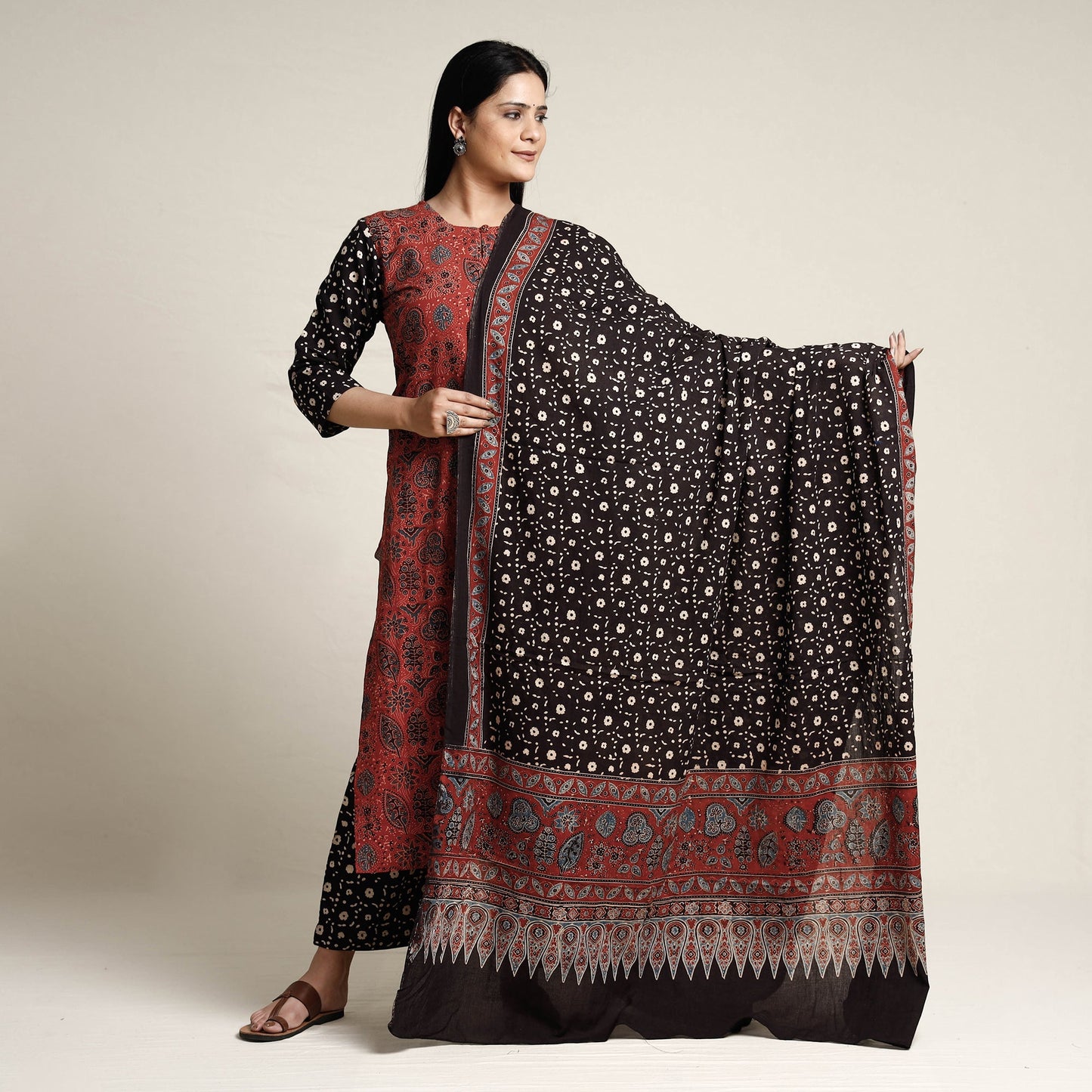 Red - printed cotton kurta with palazzo & dupatta set