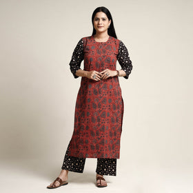 Red - printed cotton kurta with palazzo & dupatta set
