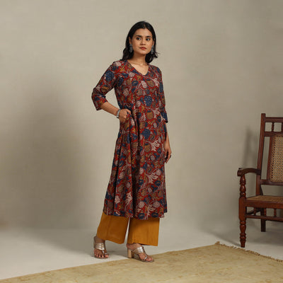 Red Printed Cotton A-Line Kalamkari Kurta