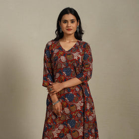 Red Printed Cotton A-Line Kalamkari Kurta