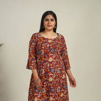 Buy Red Printed Cotton A-Line Kalamkari Kurta For Women