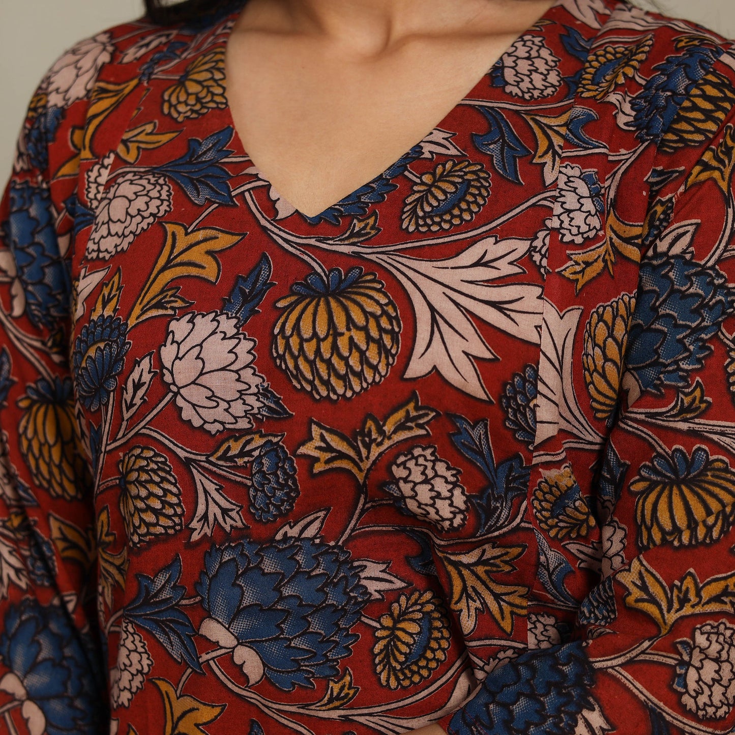 Red Printed Cotton A-Line Kalamkari Kurta