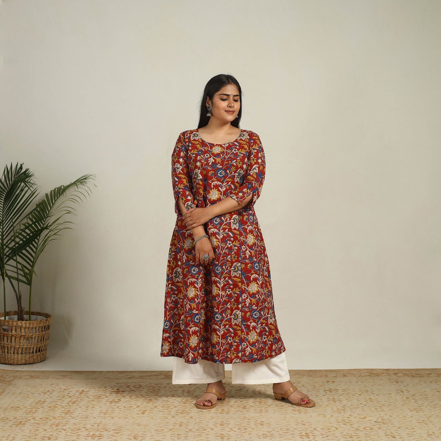 Buy Red Printed Cotton A-Line Kalamkari Kurta For Women