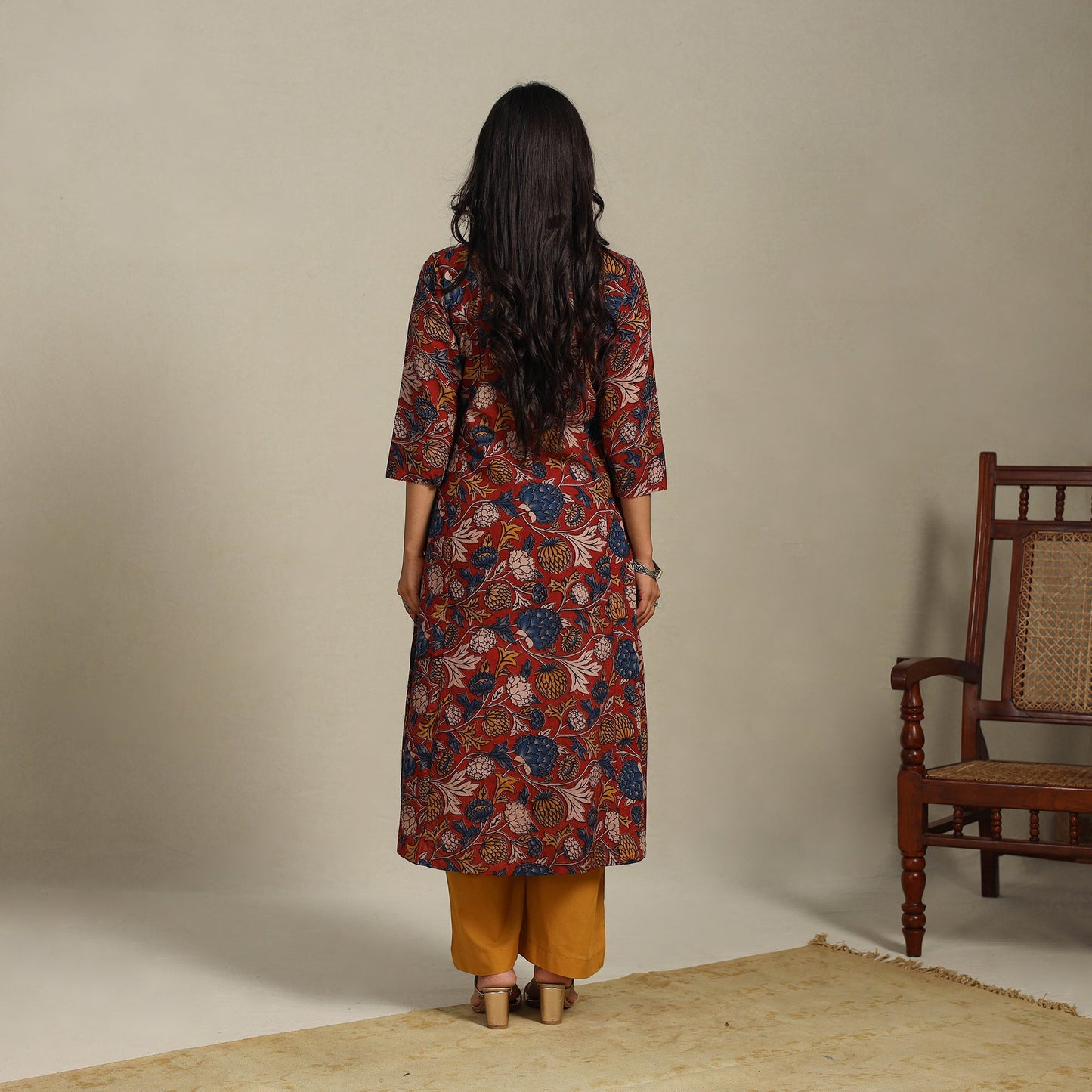 Red Printed Cotton A-Line Kalamkari Kurta