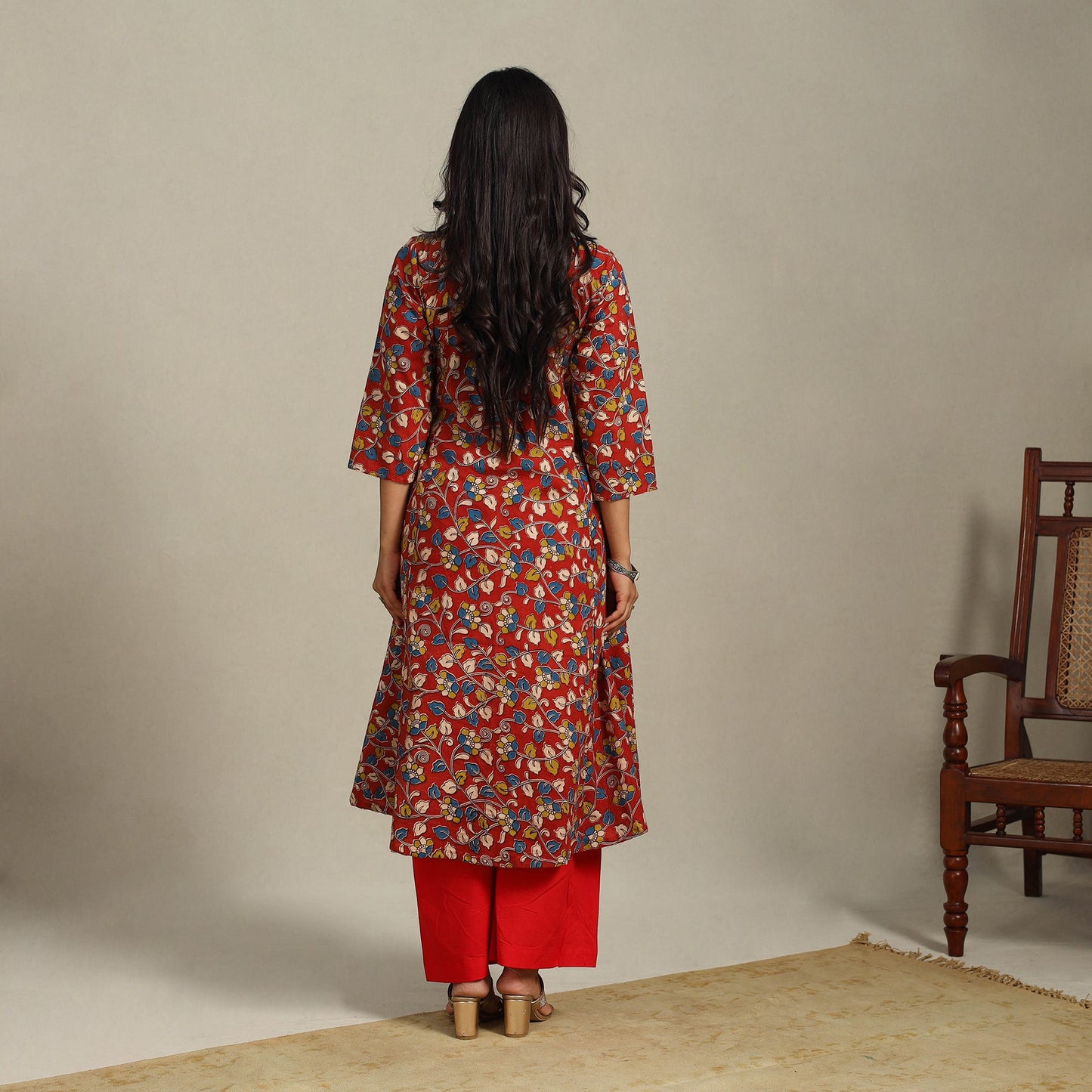 Red Printed Cotton A-Line Kalamkari Kurta