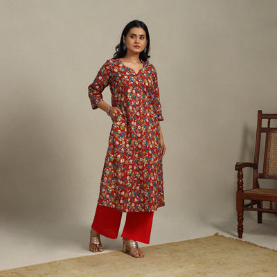 Red Printed Cotton A-Line Kalamkari Kurta