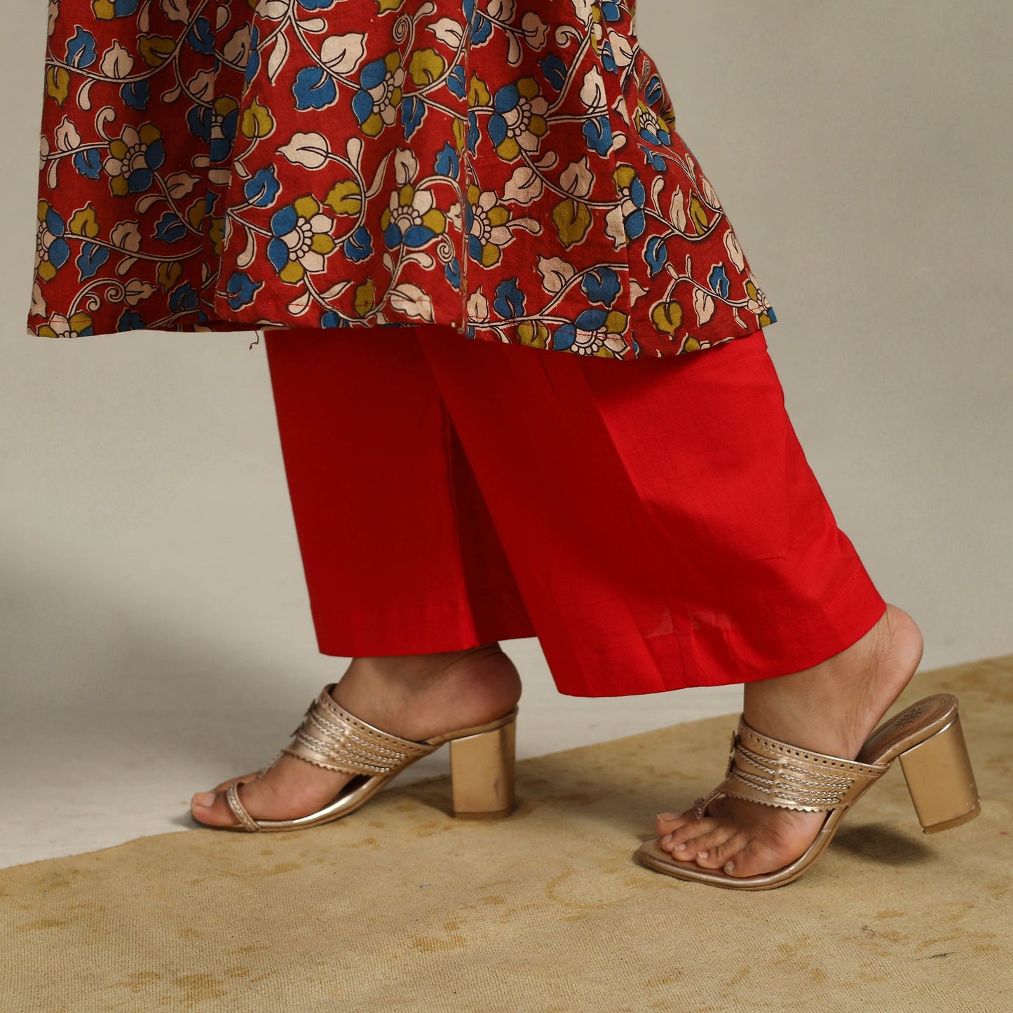 Red Printed Cotton A-Line Kalamkari Kurta