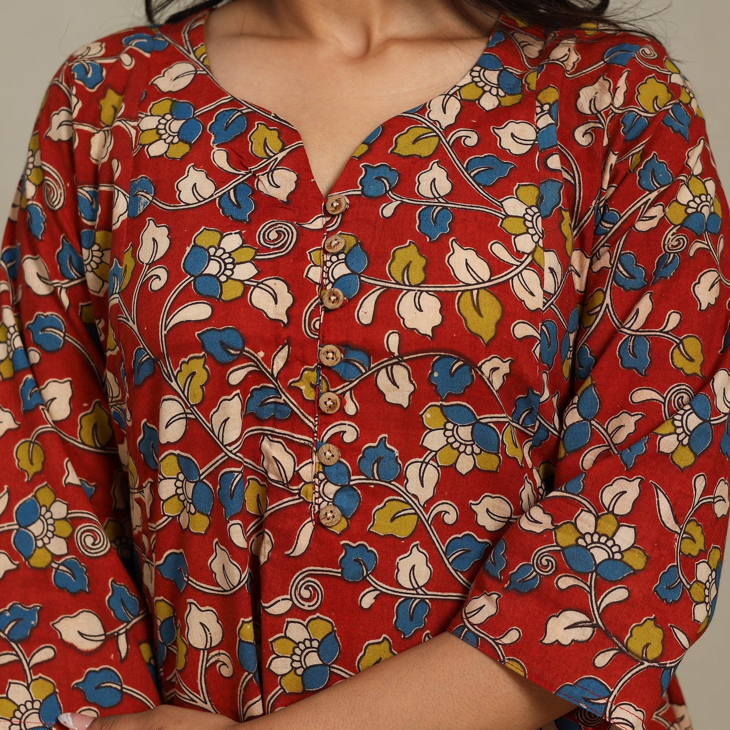 Red Printed Cotton A-Line Kalamkari Kurta