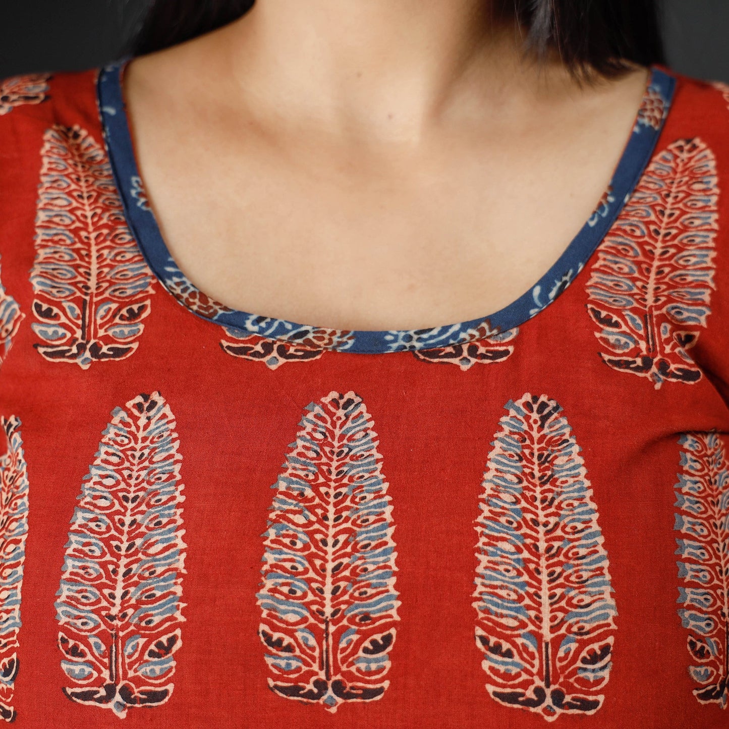 Red - Indigo Ajrakh Block Print Cotton Long Kurta for Women