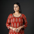 Red - Indigo Ajrakh Block Print Cotton Long Kurta for Women