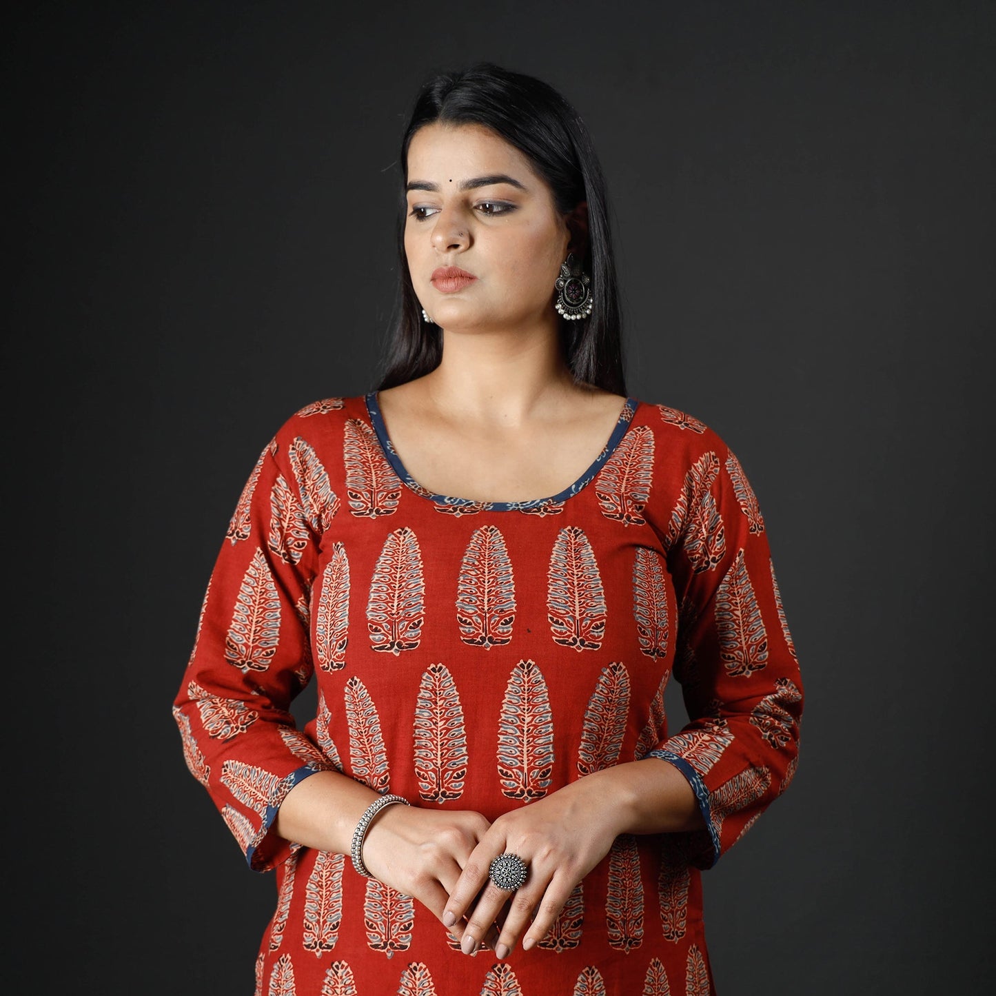 Red - Indigo Ajrakh Block Print Cotton Long Kurta for Women
