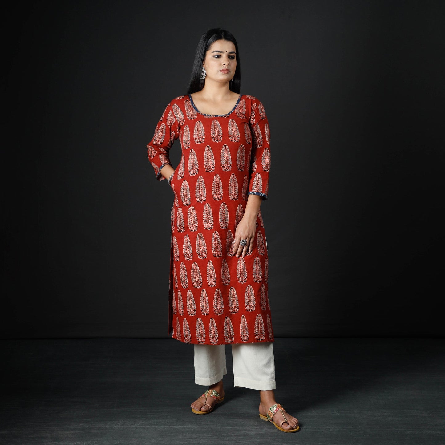 Red - Indigo Ajrakh Block Print Cotton Long Kurta for Women