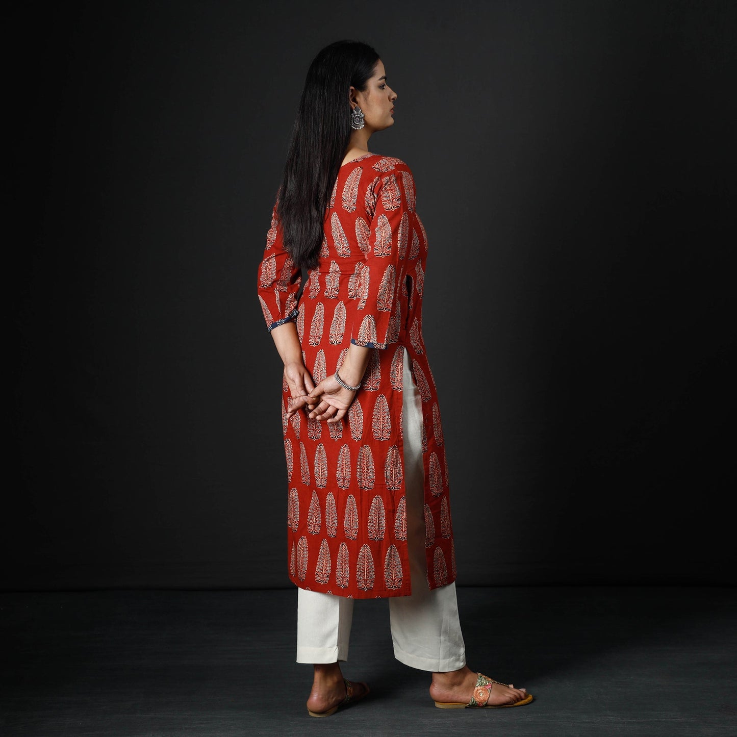 Red - Indigo Ajrakh Block Print Cotton Long Kurta for Women