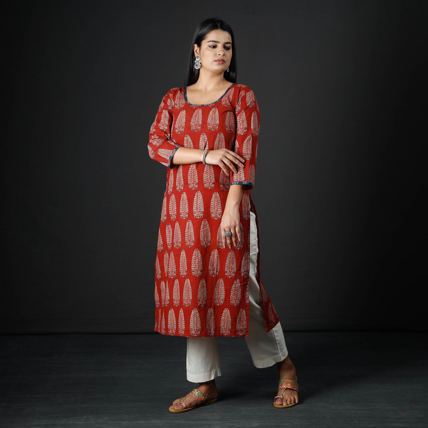 Red - Indigo Ajrakh Block Print Cotton Long Kurta for Women