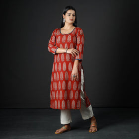Red - Indigo Ajrakh Block Print Cotton Long Kurta for Women