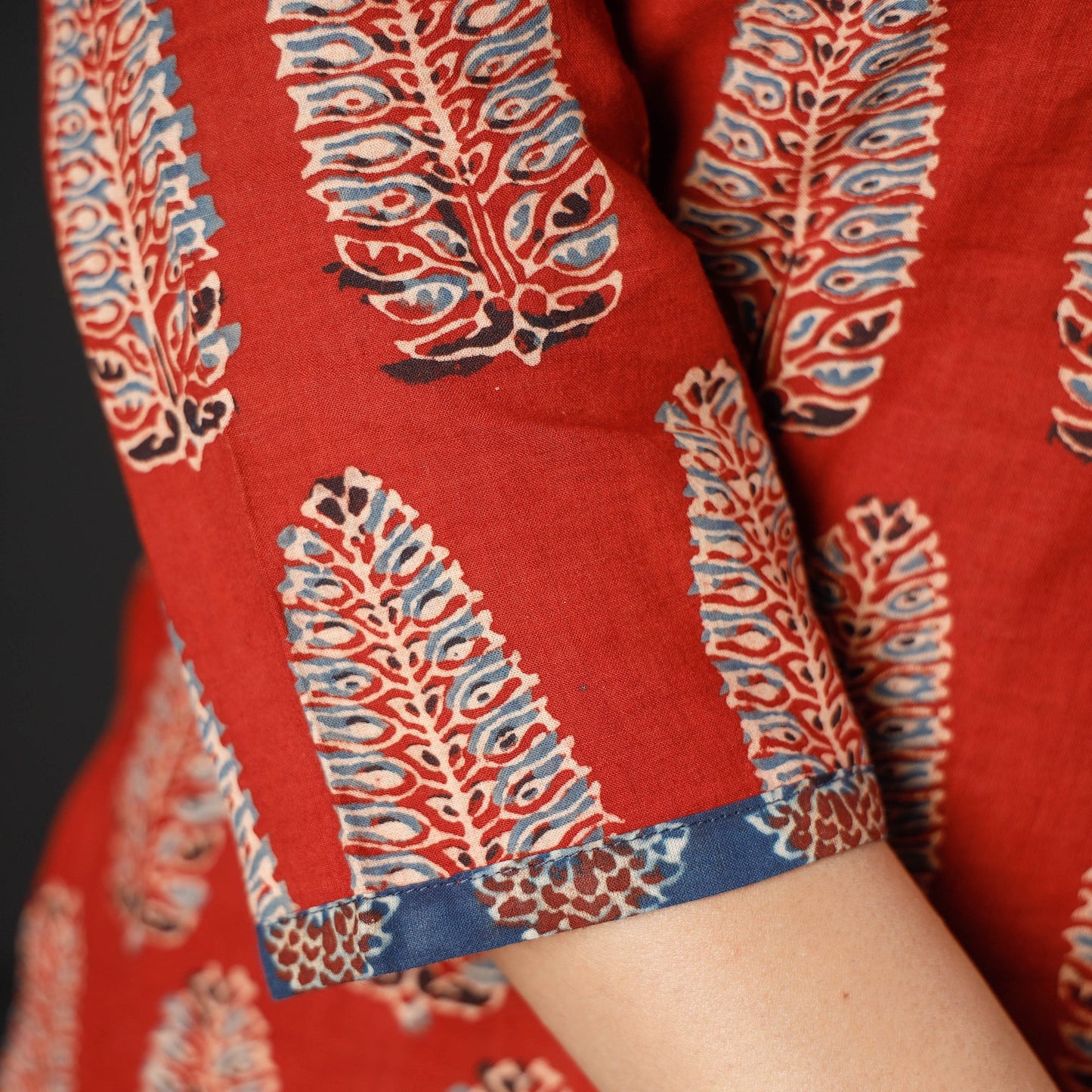 Red - Indigo Ajrakh Block Print Cotton Long Kurta for Women
