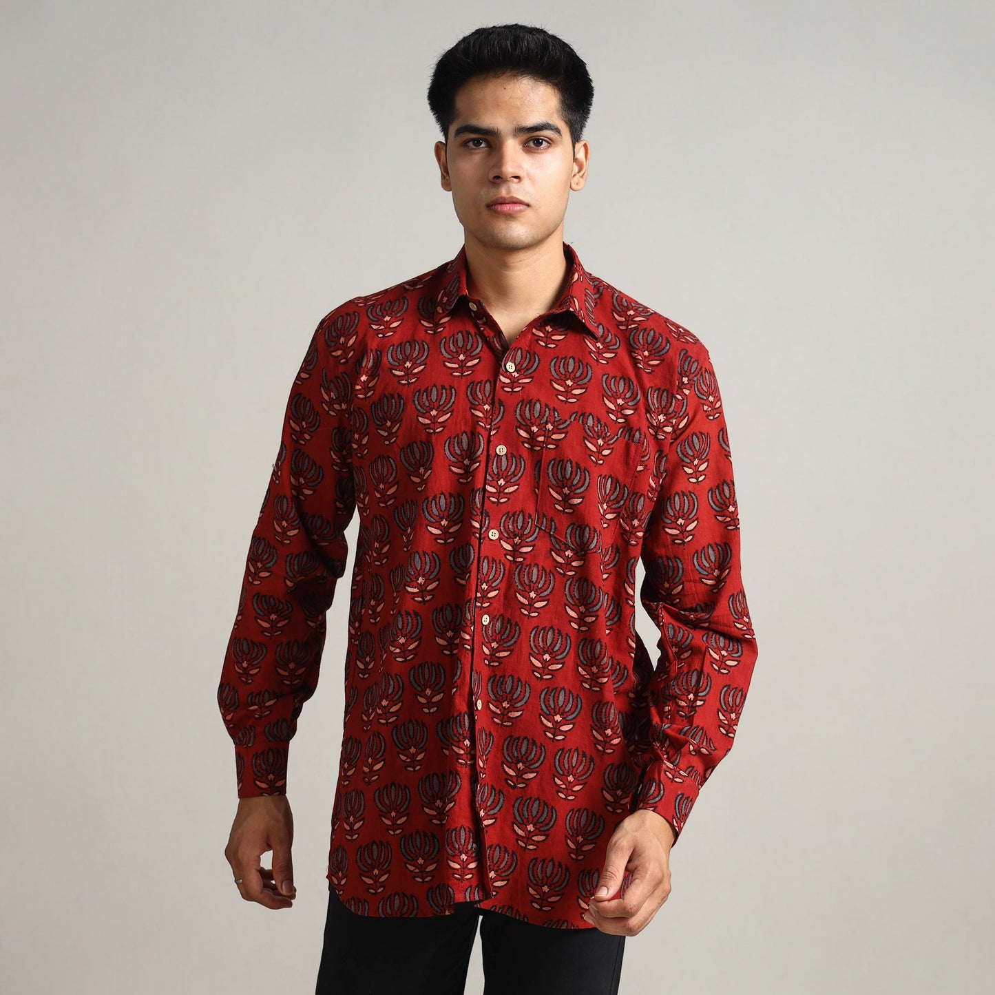 Red - Ajrakh Block Printed Cotton Men Full Sleeve Shirt 12