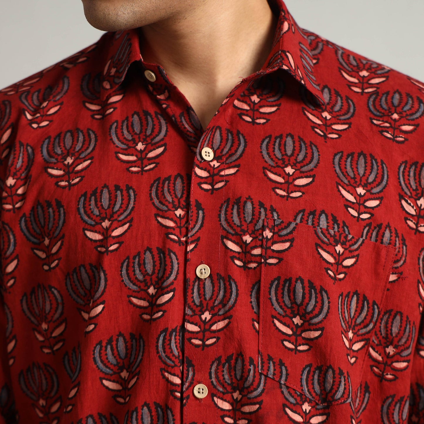 Red - Ajrakh Block Printed Cotton Men Full Sleeve Shirt 12