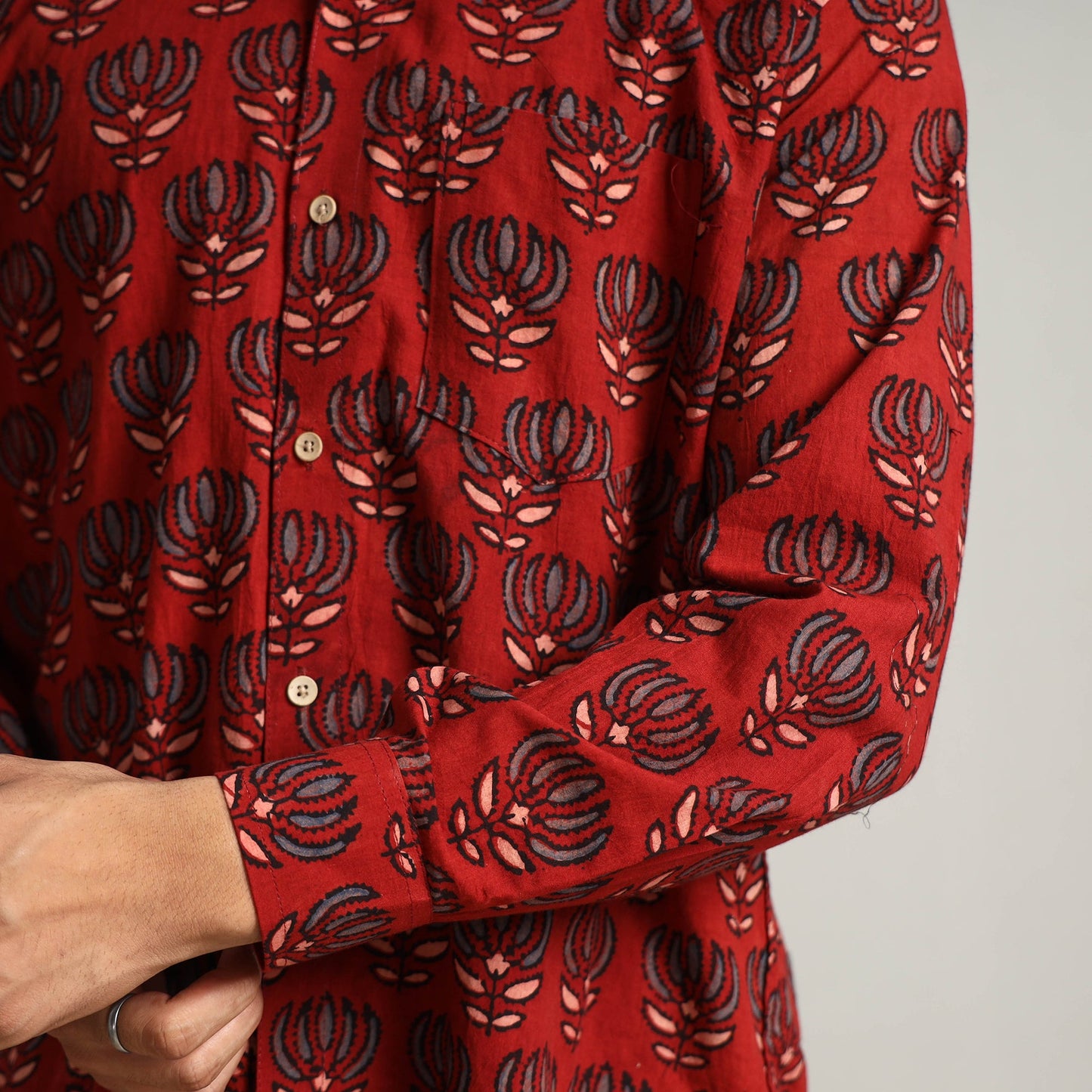 Red - Ajrakh Block Printed Cotton Men Full Sleeve Shirt 12
