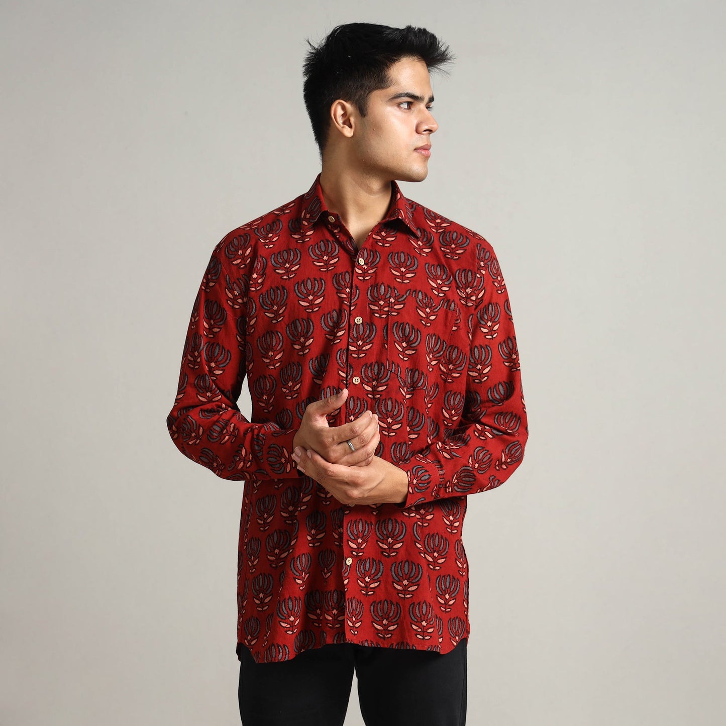 Red - Ajrakh Block Printed Cotton Men Full Sleeve Shirt 12
