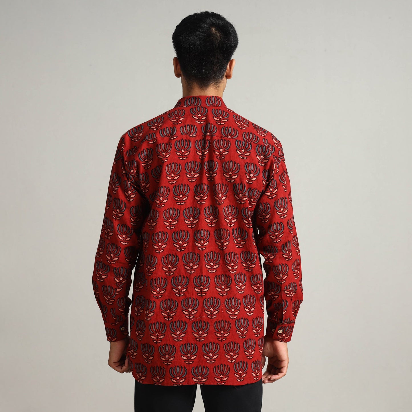Red - Ajrakh Block Printed Cotton Men Full Sleeve Shirt 12