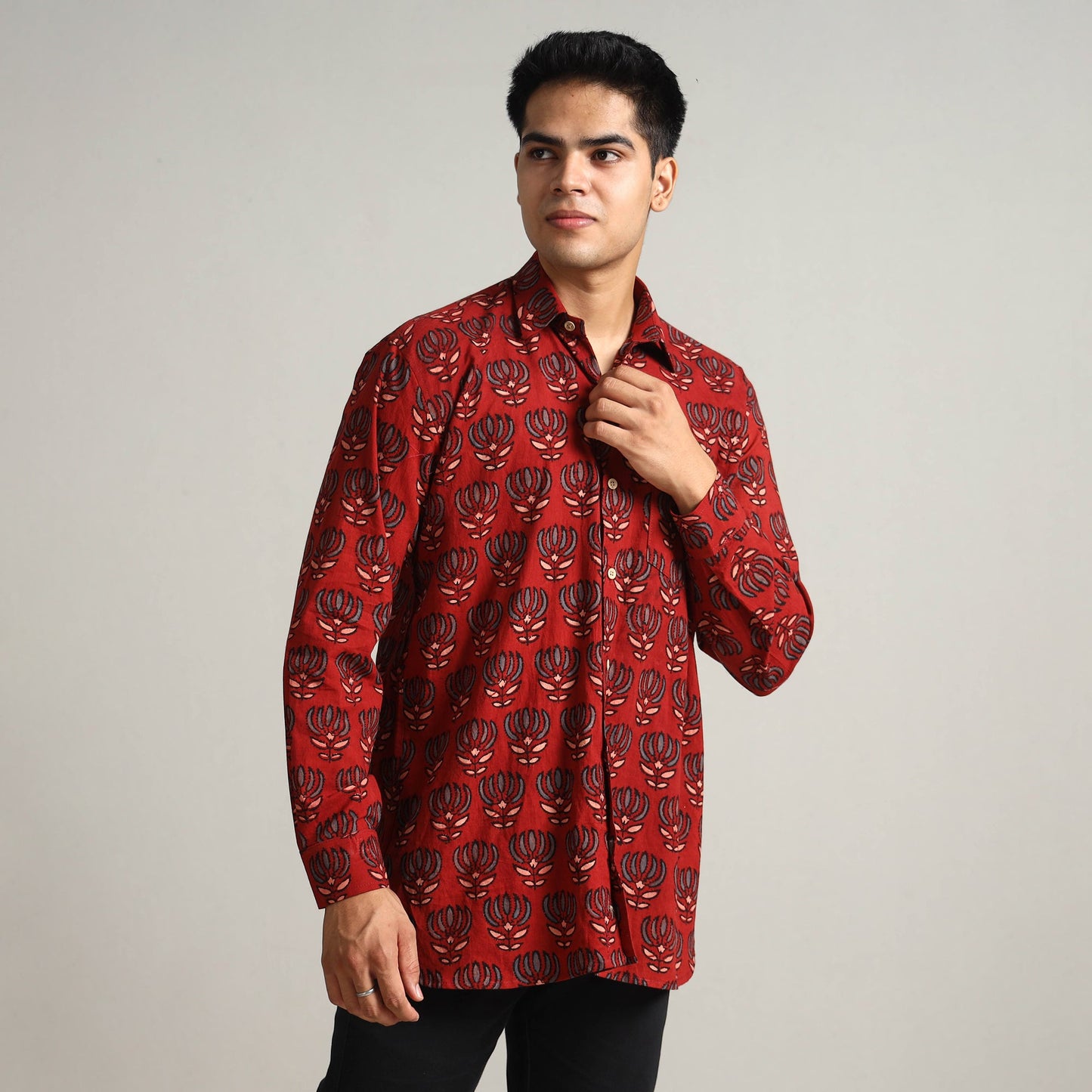 Red - Ajrakh Block Printed Cotton Men Full Sleeve Shirt 12