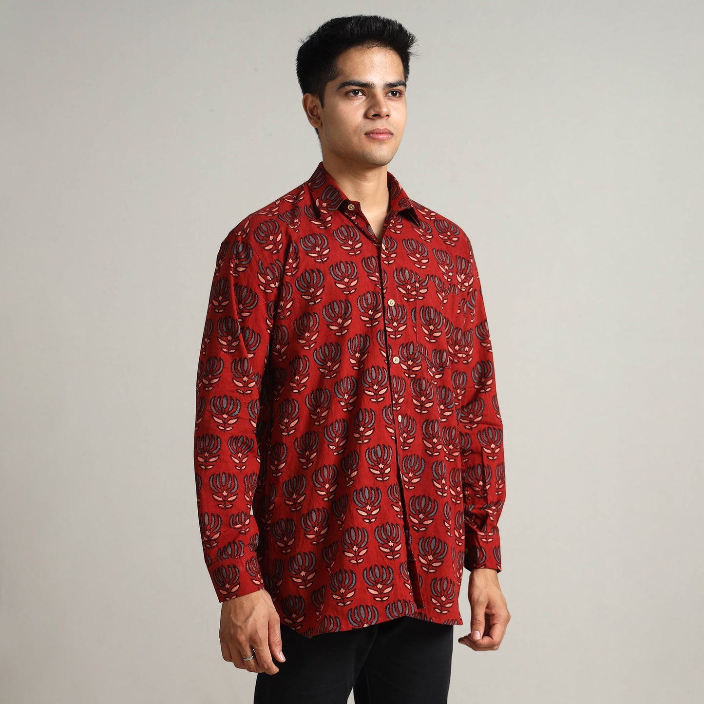Red - Ajrakh Block Printed Cotton Men Full Sleeve Shirt 12