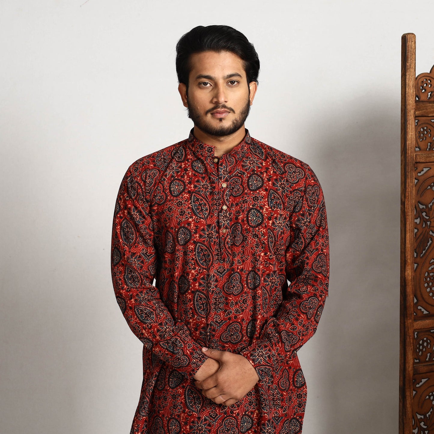 Buy Ajrakh Block Printed Cotton Men Long Kurta Online at iTokri.com