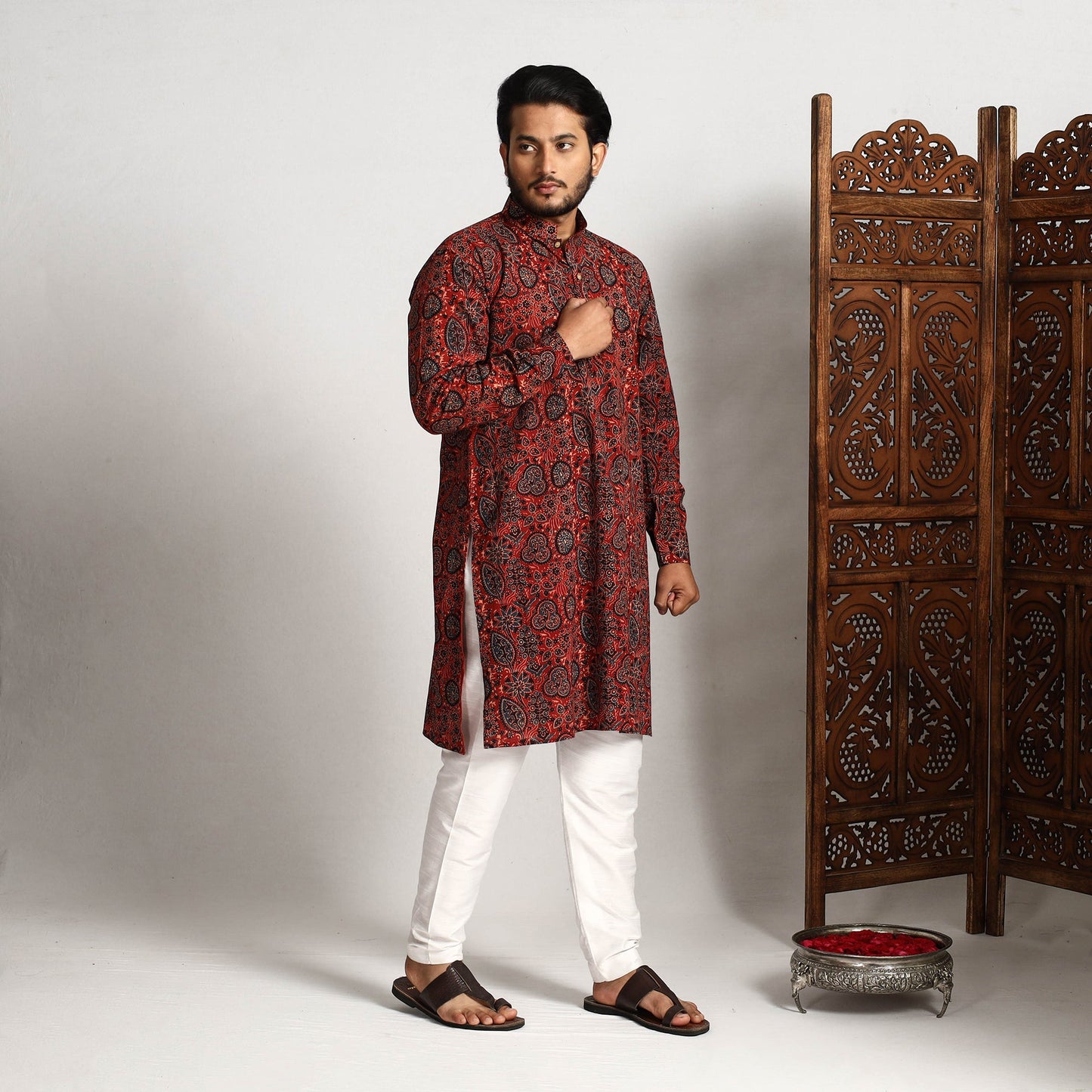 Buy Ajrakh Block Printed Cotton Men Long Kurta Online at iTokri.com