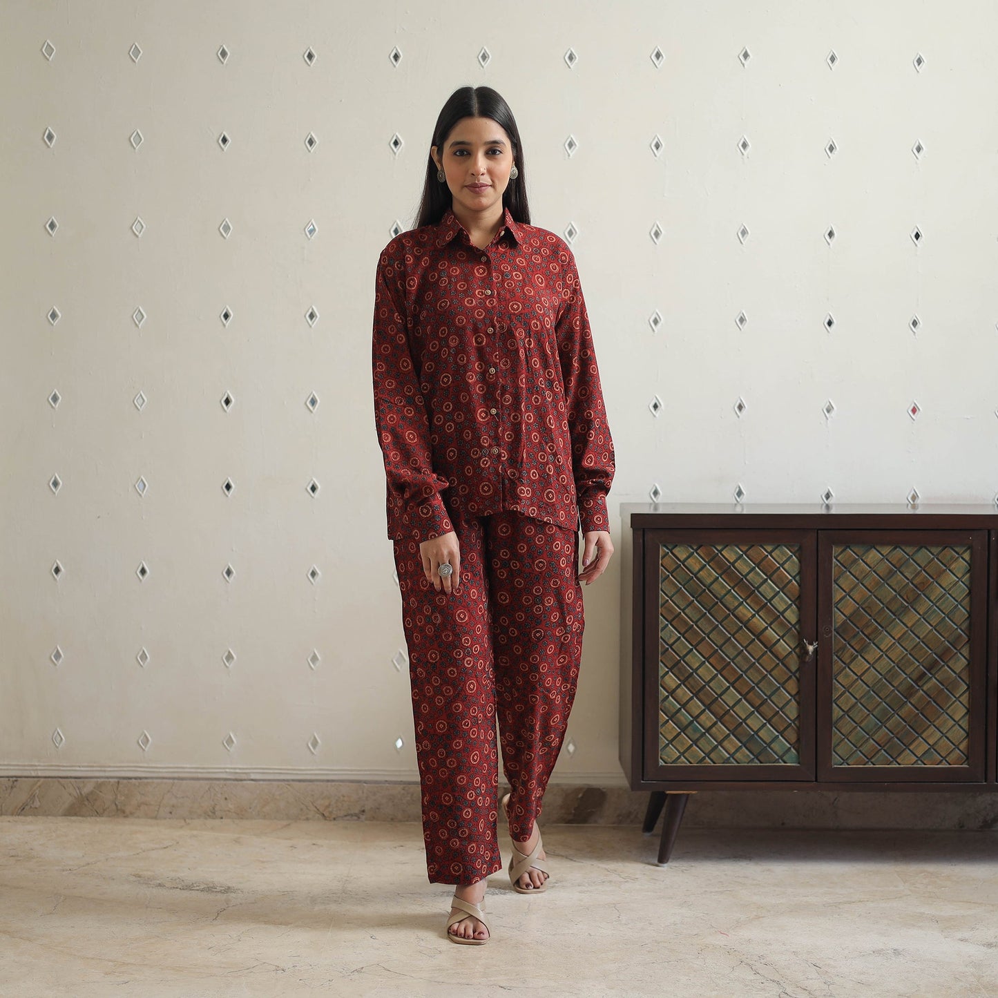 Red - printed cotton co-ord set 06 - handcrafted
