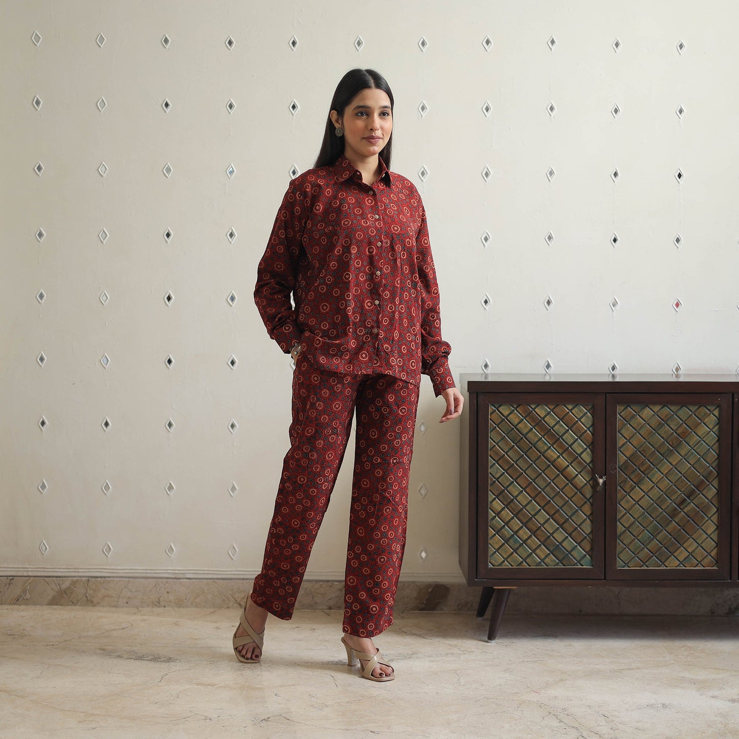 Red - printed cotton co-ord set 06 - handcrafted