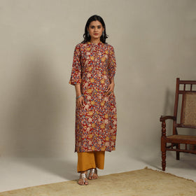 Red Printed Cotton Straight Kalamkari Kurta