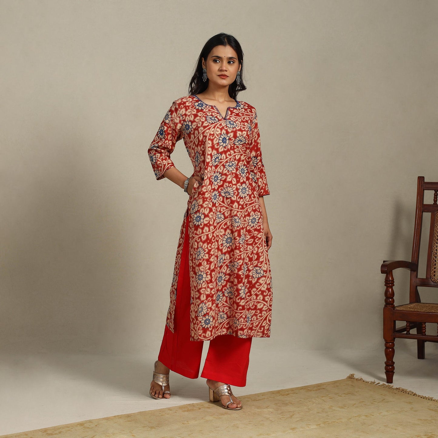 Red Printed Cotton Straight Kalamkari Kurta