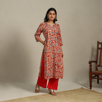Red Printed Cotton Straight Kalamkari Kurta
