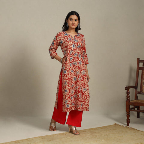 Red Printed Cotton Straight Kalamkari Kurta