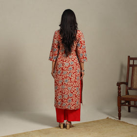 Red Printed Cotton Straight Kalamkari Kurta