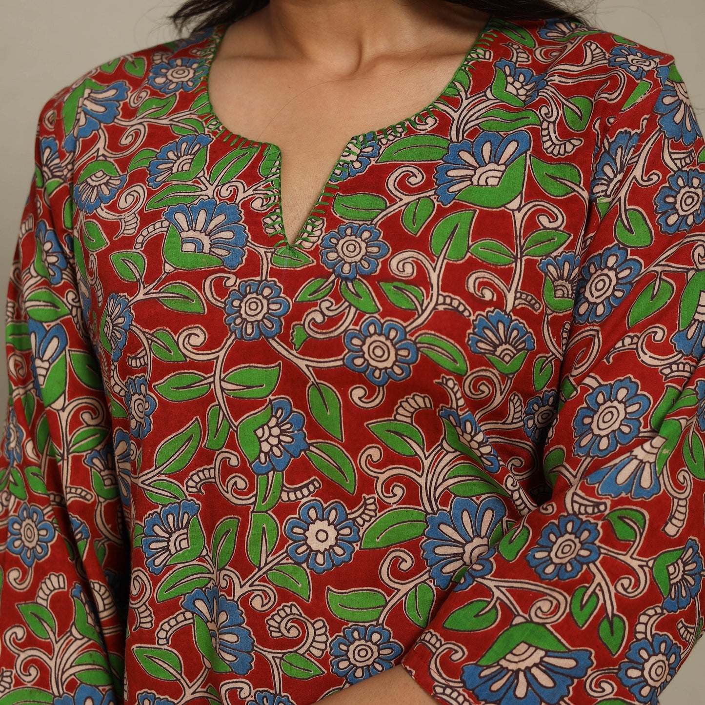 Red Printed Cotton Straight Kalamkari Kurta