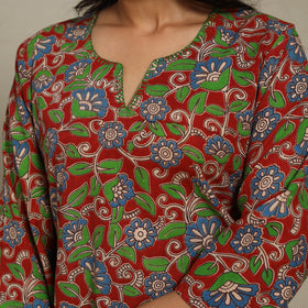 Red Printed Cotton Straight Kalamkari Kurta