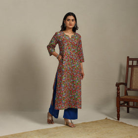 Red Printed Cotton Straight Kalamkari Kurta