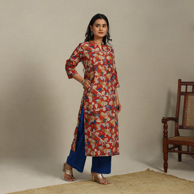 Red Printed Cotton Straight Kalamkari Kurta